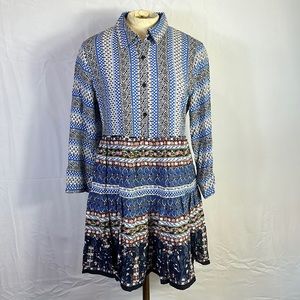 En Crème Midi Dress Size Small Roll Tab Sleeve 1/2 ButtonDown Shades of Blue